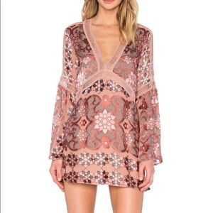 For Love And Lemons Juliet A-line Pink and Brown Patterned Mini Dress